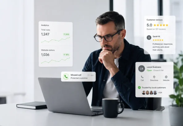 A business owner reviewing performance while trust signals, reviews, and missed-call alerts show what happens after the click.