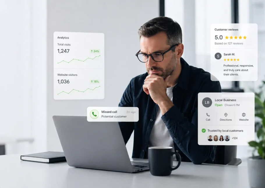 A business owner reviewing performance while trust signals, reviews, and missed-call alerts show what happens after the click.