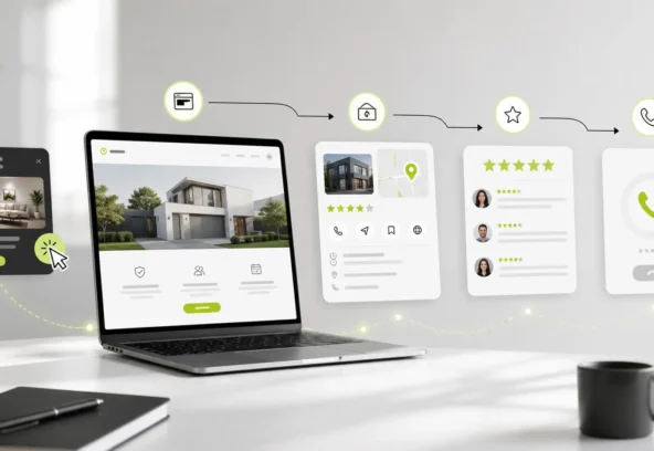 Illustration of the local buyer journey after an ad click, showing a website on a laptop, then a Google business profile, customer reviews, and a phone call as the next steps in the decision path.
