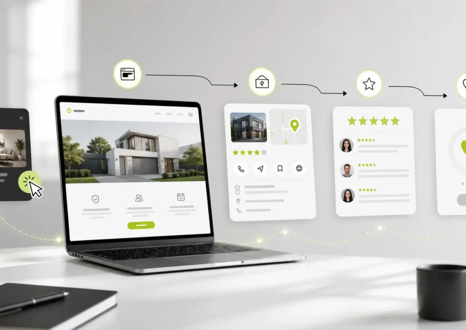Illustration of the local buyer journey after an ad click, showing a website on a laptop, then a Google business profile, customer reviews, and a phone call as the next steps in the decision path.